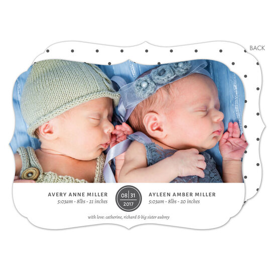 Grey Circle Date Twins Photo Birth Announcements